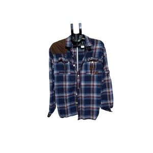 Parish Nation Mens 2XL Plaid Flannel‎ Shirt Blue Quilted Shoulder Patch Roll Tab